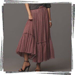 NWT: Flowy Feminine Pink & Black Polka Dot Tiered Tulle Maxi Skirt (XS)